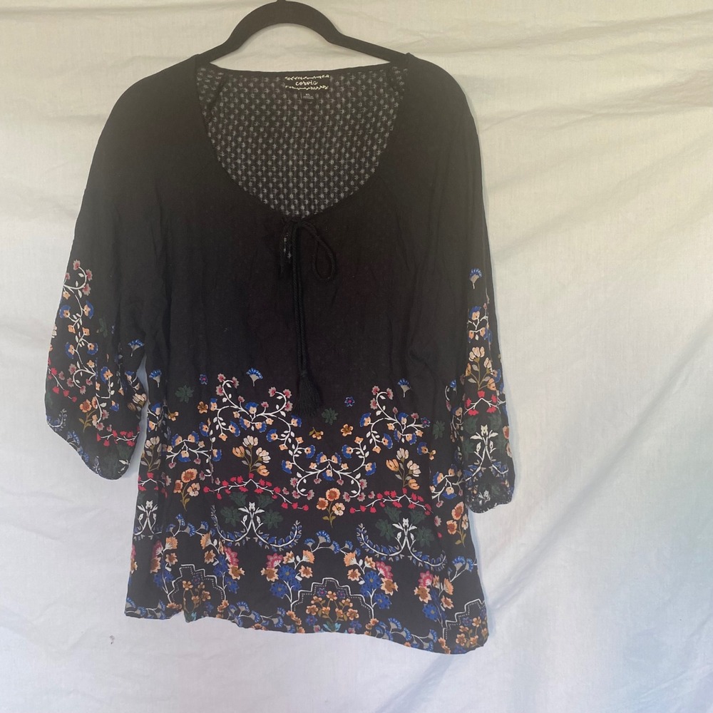 Corvia Womens XL Black Floral Border Print Peasant Blouse 3/4 Sleeve‎ Tassel Tie